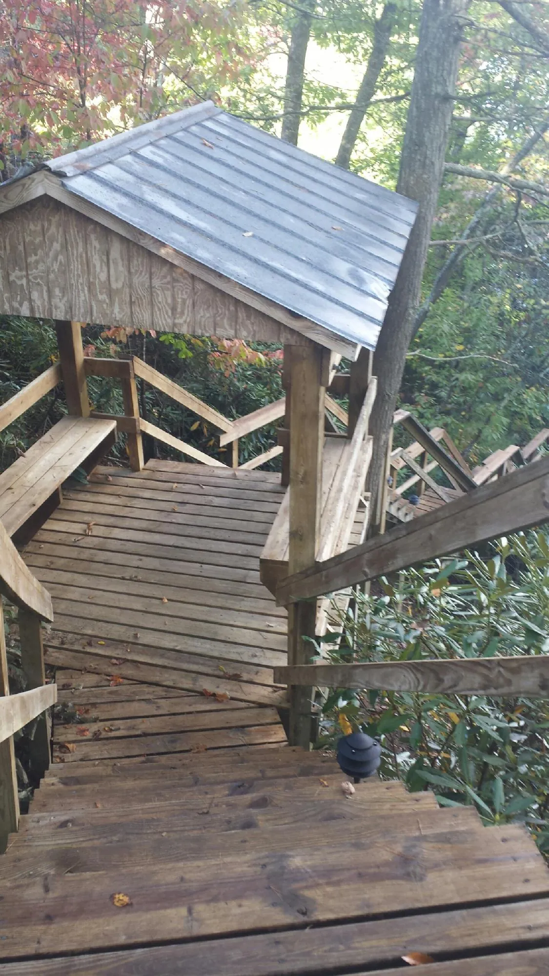 Metal roofed shelter over wooden steps on a wooded walkway — Skylight Repair & Installation work by our crew in Kings Park
